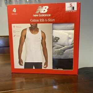 NEW BALANCE Mens 4-Pk Cotton Rib A-Shirt Tag Free White/Gray/Black S